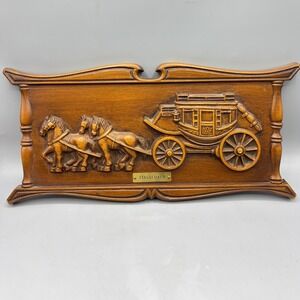 Vintage Turner Mfg Co Stagecoach Wall Plaque Faux Wood 3D Relief Western Decor